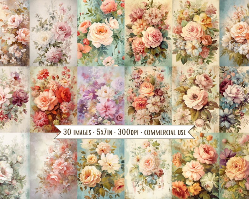 Shabby Floral 5x7 Images, DIY Greeting Card, Tags, Junk Journaling, digital cards, sublimation, art print, card front bundle, commercial use image 1