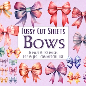 128 Watercolor Bows Fussy Cuts, Instant Download Printable PDF Fussy Cutting Sheets, fussy cut pages ephemera & scrapbooking commercial use