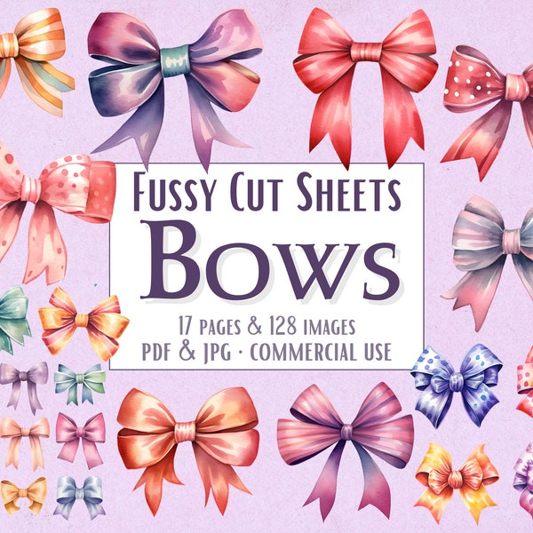 128 Watercolor Bows Fussy Cuts, Instant Download Printable PDF Fussy Cutting Sheets, fussy cut pages ephemera & scrapbooking commercial use