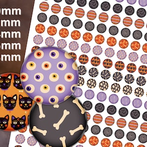 Puede incluir: Surtido de pegatinas redondas con temática de Halloween en varios tamaños, incluyendo 10 mm, 12 mm, 14 mm, 16 mm y 18 mm. Los diseños incluyen ojos morados y amarillos, gatos negros y huesos.