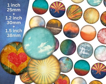 May include: Assortment of 1 inch (25 mm), 1.2 inch (30 mm), and 1.5 inch (38 mm) round glass cabochons with various designs. The designs include a blue sky with clouds, a red heart with yellow polka dots, a sunset, a sunburst, a butterfly, and a desert landscape.