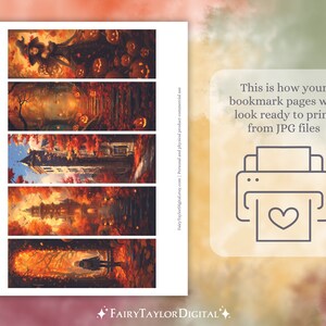 May include: Five printable bookmark designs featuring autumnal scenes with a witch, pumpkins, a house, and a path through trees. The bookmarks are ready to print from JPG files.