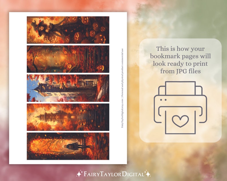 May include: Five printable bookmark designs featuring autumnal scenes with a witch, pumpkins, a house, and a path through trees. The bookmarks are ready to print from JPG files.