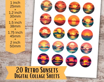 May include: 20 digital collage sheets featuring retro sunset illustrations in various sizes, ranging from 1 inch to 2 inches. The illustrations feature a variety of colors, including orange, yellow, pink, and blue.