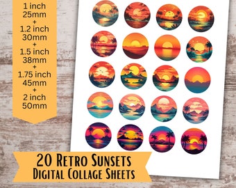 Retro Sunset Collage Sheets, Round Cabochon Images, 1 inch circle, 1.2 inch, 1.5 inch, 1.75 inch, 2 inch Printable Pendant Images, Sublimate