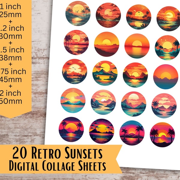 Retro Sunset Collage Sheets, Round Cabochon Images, 1 inch circle, 1.2 inch, 1.5 inch, 1.75 inch, 2 inch Printable Pendant Images, Sublimate