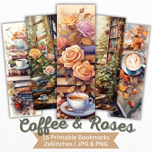 Marcadores para impressão - Café e Rosas | Download digital, sublimação de marcadores JPG e PNG, uso comercial, conjunto de marcadores, presente para amantes de café