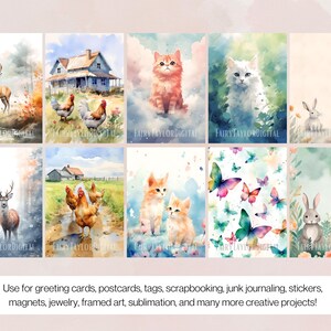 May include: A set of ten digital watercolor illustrations featuring various animals, including deer, cats, chickens, butterflies, and rabbits. The illustrations are painted in a soft, whimsical style with a watercolor wash.