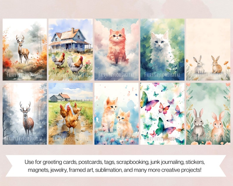 May include: A set of ten digital watercolor illustrations featuring various animals, including deer, cats, chickens, butterflies, and rabbits. The illustrations are painted in a soft, whimsical style with a watercolor wash.