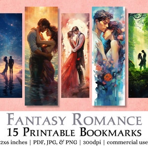 15 marcadores para impressão de romance de fantasia | Folhas impressas e cortadas em JPG, imagens PNG para sublimação, conjunto de marcadores para uso comercial, livro romântico