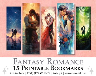 15 Marcadores imprimibles de romance de fantasía / hojas impresas y cortadas JPG, imágenes PNG para sublimación, juego de marcadores de uso comercial, libro romántico