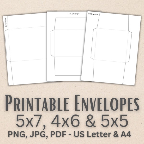 Printable Envelope Templates - 5x7, 4x6, 5x5 - PNG, JPG and pdf Envelope templates | A7, A6, square envelope, tapered square flap envelope