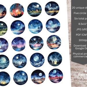 May include: Twenty watercolor illustrations of night scenes with moons, stars, and various landscapes. The illustrations are in a circle shape and are arranged in a grid. The text "Fairy Taylor" is in the bottom right corner.