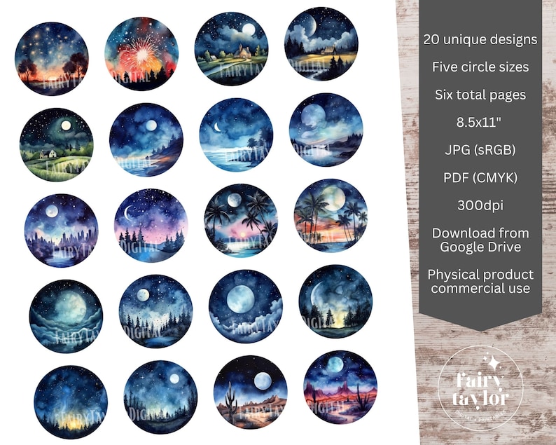 Night Skies Collage Sheets, Round Cabochon Images, 1 inch circle, 1.2 inch, 1.5 inch, 1.75 inch, 2 inch Printable Pendant Images, Sublimate image 3