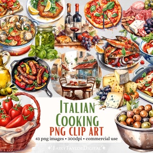 43 Clipart PNG de culinária italiana, download digital de fundo transparente | Uso comercial, pacote de clipart de cozinha country em aquarela rústica
