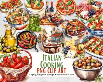 43 Italian Cooking PNG Clipart, Transparent Background Digital Download | Commercial Use, Rustic Watercolor Country Kitchen Clip art bundle
