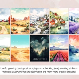 May include: Set of ten watercolour landscape illustrations featuring various scenes, including a desert landscape, a town by a river, a lavender field, a field of flowers, and a mountain range. The illustrations are painted in a soft, dreamy style with muted colours.