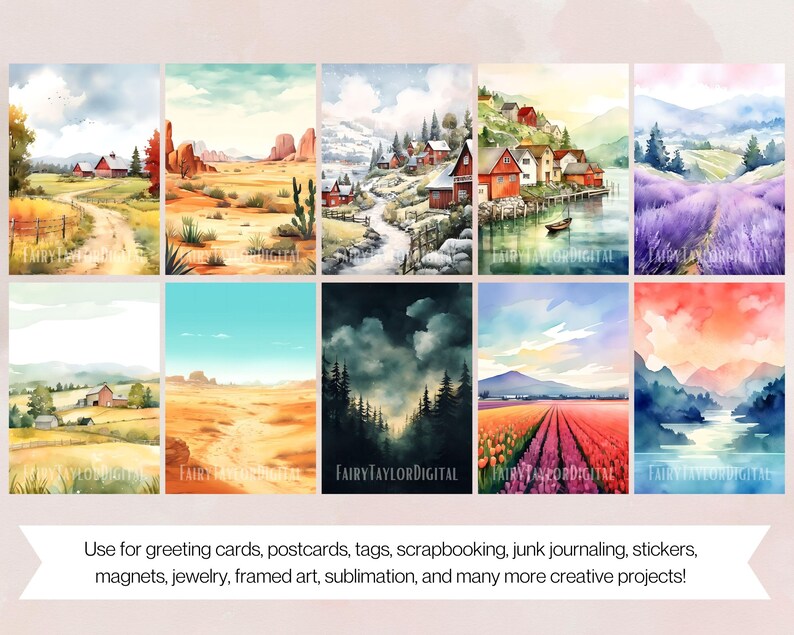 May include: Set of ten watercolour landscape illustrations featuring various scenes, including a desert landscape, a town by a river, a lavender field, a field of flowers, and a mountain range. The illustrations are painted in a soft, dreamy style with muted colours.