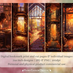 May include: Five digital bookmark designs featuring a girl reading in a library, a room with a window overlooking a city, a greenhouse, a room with a window overlooking a forest, and a room with a window overlooking a city. Each bookmark is 2x6 inches and is available in JPG and PNG formats at 300dpi.