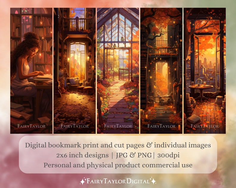 May include: Five digital bookmark designs featuring a girl reading in a library, a room with a window overlooking a city, a greenhouse, a room with a window overlooking a forest, and a room with a window overlooking a city. Each bookmark is 2x6 inches and is available in JPG and PNG formats at 300dpi.