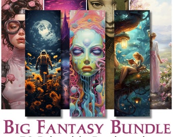 Printable Bookmark Bundle - 50 Fantasy Themed Bookmarks | Digital Download PNG images & JPG pages | with Printed Commercial Use