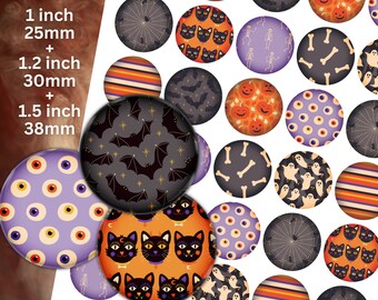 May include: A set of 16 Halloween themed round stickers in various designs. The stickers feature images of bats, ghosts, pumpkins, spiderwebs, bones, and eyeballs. The stickers are available in 1 inch, 1.2 inch, and 1.5 inch sizes.