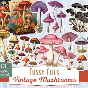 Vintage Mushrooms fussy Cuts, digitale download JPG print en snij pagina's met kaarten, scrapbooking, ephemera, junk journal kit, digitale collage