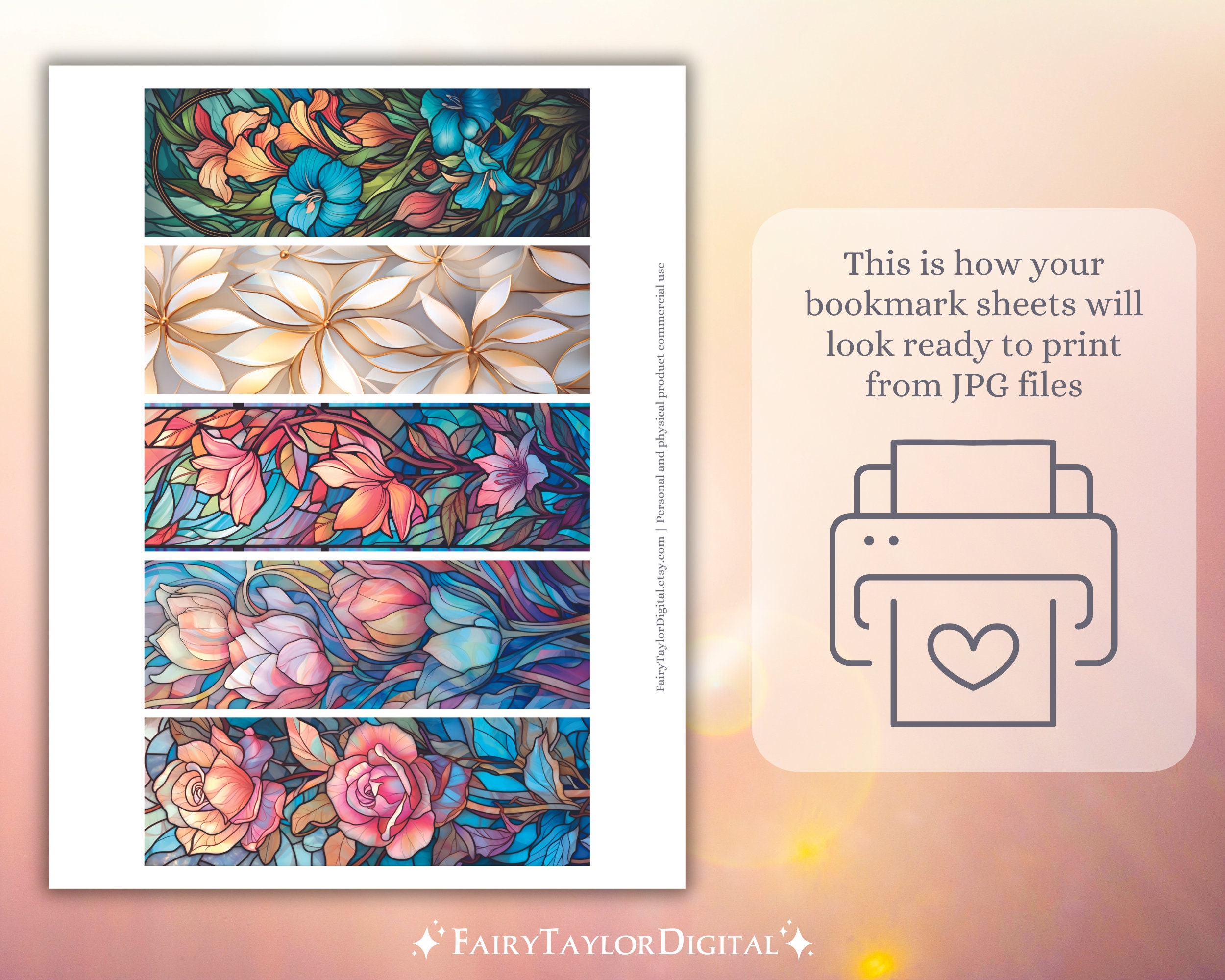 Stained Glass Flowers Printable Bookmarks | JPG Pages Print and Cut ...
