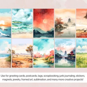 May include: Set of 10 digital watercolour backgrounds featuring various landscapes, including beaches, forests, and mountains. The backgrounds are perfect for creating invitations, cards, and other digital projects.