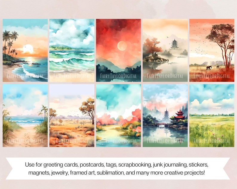 May include: Set of 10 digital watercolour backgrounds featuring various landscapes, including beaches, forests, and mountains. The backgrounds are perfect for creating invitations, cards, and other digital projects.