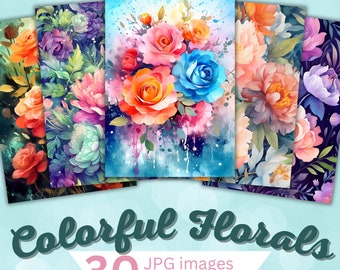 Fleurs aquarelles colorées - Images 5x7 - Téléchargement numérique - Fronts de cartes, tirages d’art, cartes de vœux DIY - Images à usage commercial