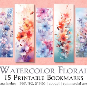 15 Watercolor Floral Printable Bookmarks | Digital Download JPG Bookmark Sheets, PNG bookmark sublimation, Print and Cut Flower Bookmark Set