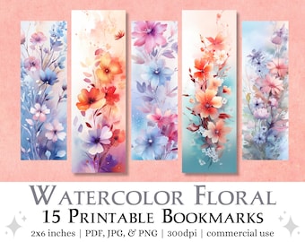 15 Watercolor Floral Printable Bookmarks | Digital Download JPG Bookmark Sheets, PNG bookmark sublimation, Print and Cut Flower Bookmark Set