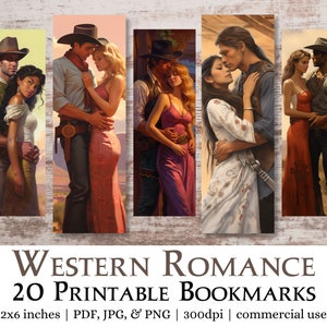 20 Western Romance Printable Bookmarks | JPG print & cut pages, PNG images to sublimate, Romantic Cowboy Native bookmark set, commercial use