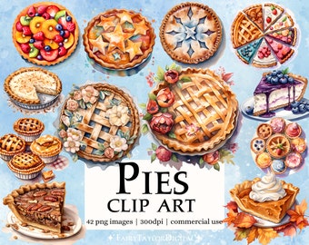 42 Pies PNG Clipart, Transparent Background, Digital Download, Commercial Use POD, Watercolor Rustic Cooking Country Kitchen Clipart bundle