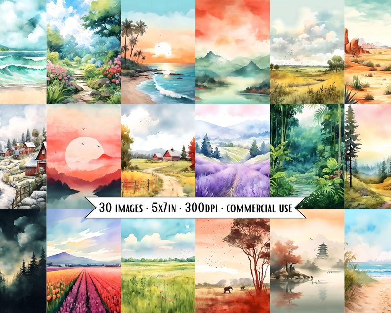 May include: A collection of 30 watercolour landscape paintings, each depicting a different scene, including mountains, forests, beaches, and fields. The paintings are all in a soft, muted colour palette and have a dreamy, ethereal feel.