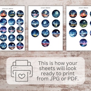 May include: Three printable sheets of watercolor illustrations of night skies with moons, stars, and landscapes. The sheets are ready to print from JPG or PDF files. The sheets are 1.75 inches and 2 inches in size.