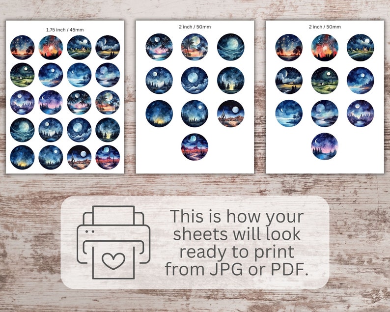 May include: Three printable sheets of watercolor illustrations of night skies with moons, stars, and landscapes. The sheets are ready to print from JPG or PDF files. The sheets are 1.75 inches and 2 inches in size.