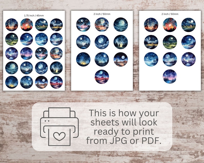 Night Skies Collage Sheets, Round Cabochon Images, 1 inch circle, 1.2 inch, 1.5 inch, 1.75 inch, 2 inch Printable Pendant Images, Sublimate image 6