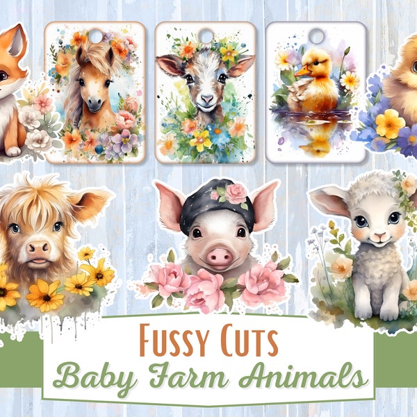 Baby Farm Animals Fussy Cuts | Digital Download JPG print and cut pages with tags, scrapbooking, ephemera, junk journal kit, digital collage