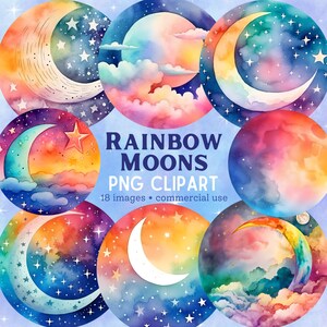 Może przedstawiać: Zestaw 10 akwarelowych ilustracji przedstawiających rosnące księżyce w różnych kolorach z gwiazdami i chmurami. Tekst "RAINBOW MOONS PNG CLIPART 18 images - commercial use" znajduje się w środku obrazu.