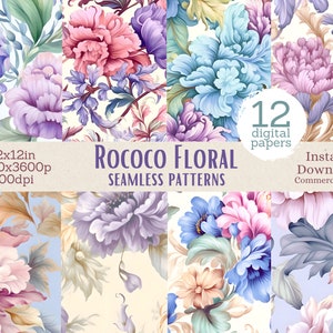 May include: Twelve digital papers featuring a Rococo floral seamless pattern design. The patterns feature a variety of flowers in shades of pink, blue, purple, and yellow. The background is a light cream color. The text "Rococo Floral Seamless Patterns" is displayed in the center of the image.