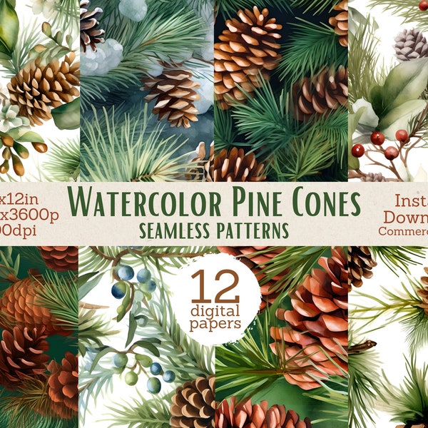 Watercolor Pine Cones Seamless Patterns | Digital Download - Commercial Use | Christmas Pattern Digital Paper, 12x12 Scrapbook Paper