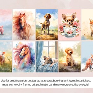 May include: A set of ten digital watercolor illustrations featuring various animals, including a pig, horse, dog, chihuahua, fox, and a french bulldog. The illustrations are painted in a soft, whimsical style with a watercolor wash.