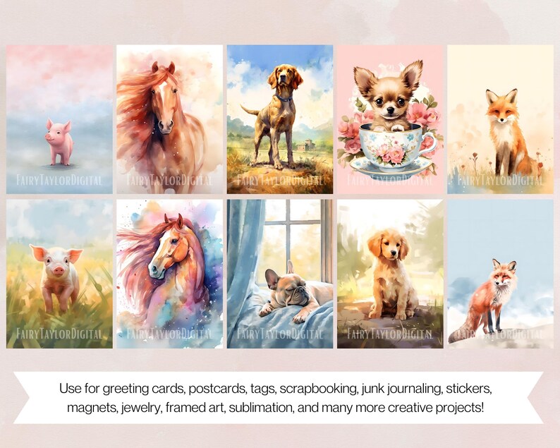 May include: A set of ten digital watercolor illustrations featuring various animals, including a pig, horse, dog, chihuahua, fox, and a french bulldog. The illustrations are painted in a soft, whimsical style with a watercolor wash.
