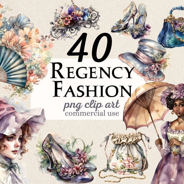 Watercolor Regency Fashion Clip Art | 40 PNG images with transparent background | Instant Download | Commercial Use | Clipart bundle