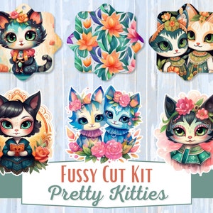 Fussy Cuts Kit - Pretty Kitties, Digital Download JPG print and cut pages with tags & envelope, scrapbooking, ephemera, cat junk journal kit
