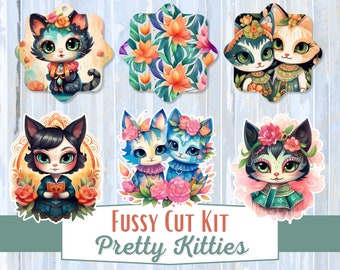Fussy Cuts Kit - Pretty Kitties, Digital Download JPG print and cut pages with tags & envelope, scrapbooking, ephemera, cat junk journal kit