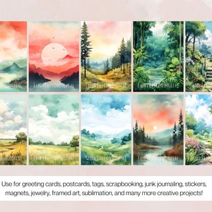 May include: Set of 10 digital watercolour backgrounds featuring various landscapes with mountains, trees, and rivers. The backgrounds are perfect for creating greeting cards, invitations, and other paper crafts.
