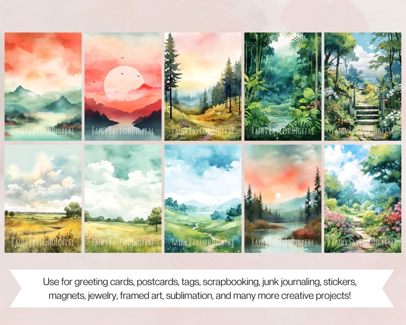 May include: Set of 10 digital watercolour backgrounds featuring various landscapes with mountains, trees, and rivers. The backgrounds are perfect for creating greeting cards, invitations, and other paper crafts.